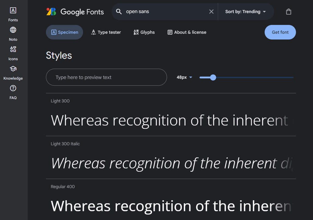 Select fonts in Google Fonts